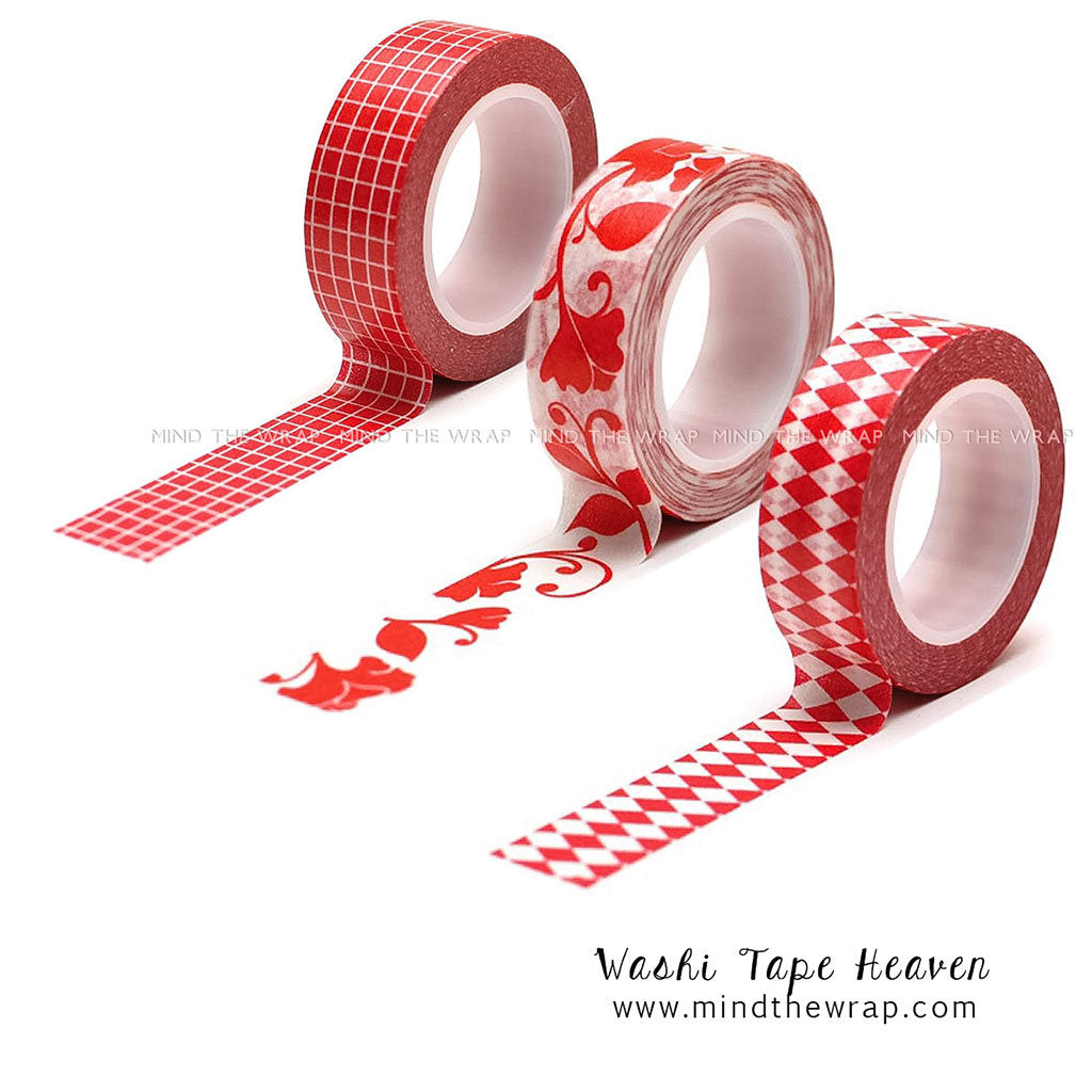 3 rolls - Red Washi Tape Set - 15mm x 10 yards per roll - Harlequin Floral Swirl and Grid Patterns