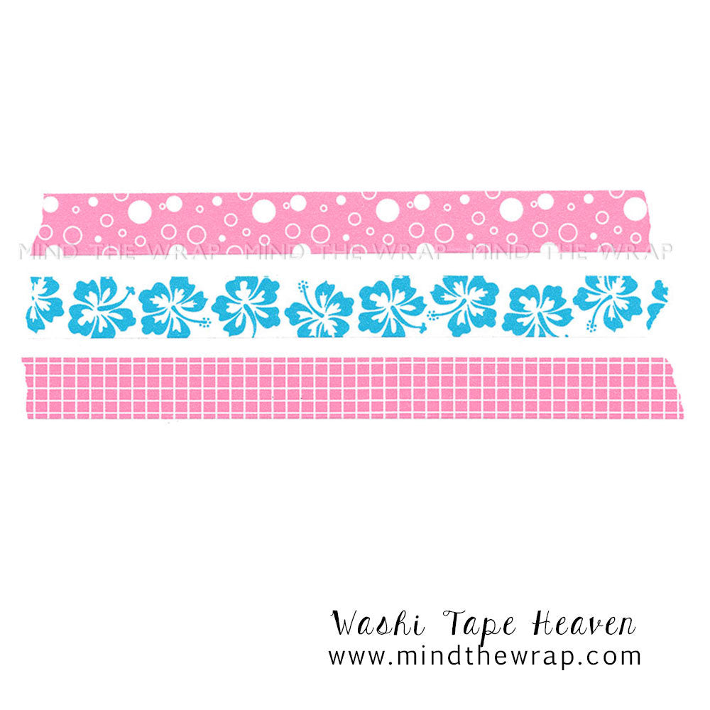 3 rolls - Pink and Blue Washi Tape Set - 15mm x 10 yards each -  Bubbles Hibiscus Flowers and Grid Patterns