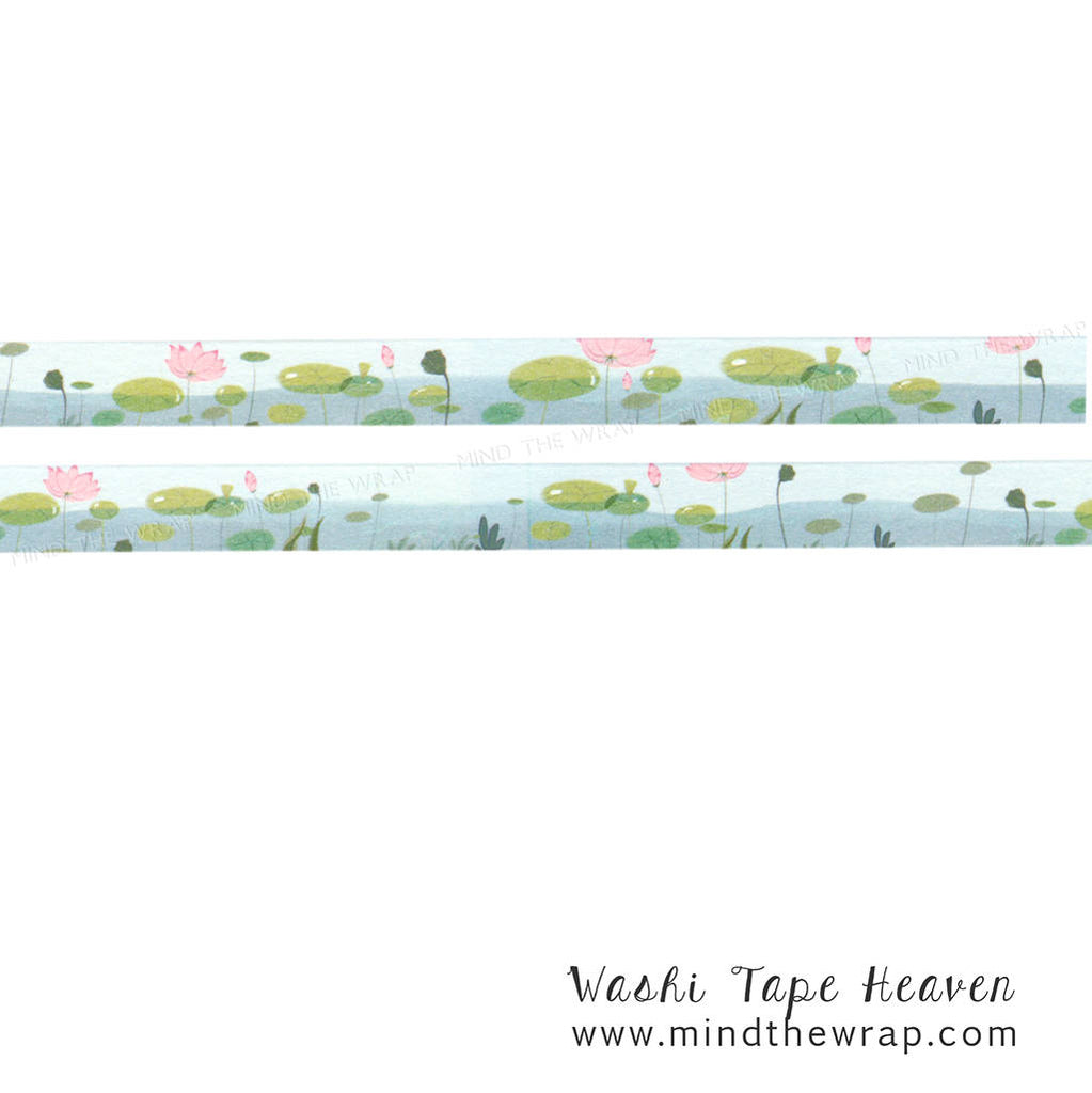Pink Water Lily Washi Tape - 15mm x 7m - Lily Pad Pond Water Garden - Papercraft Supply Planners Decoration