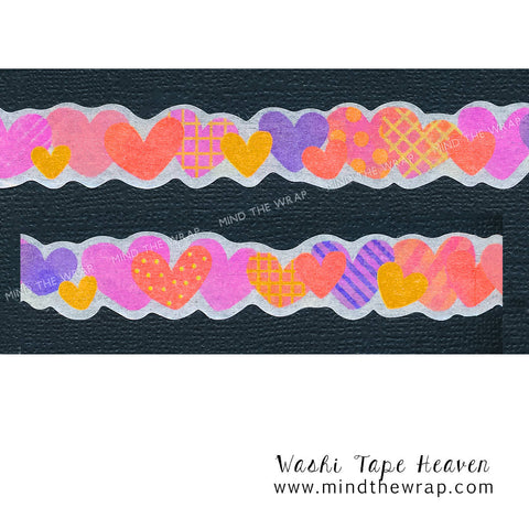 Neon Hearts Die-cut Washi Tape - 15mm x 5m - Vivid Neon Colors - Fluorescent UV reactive