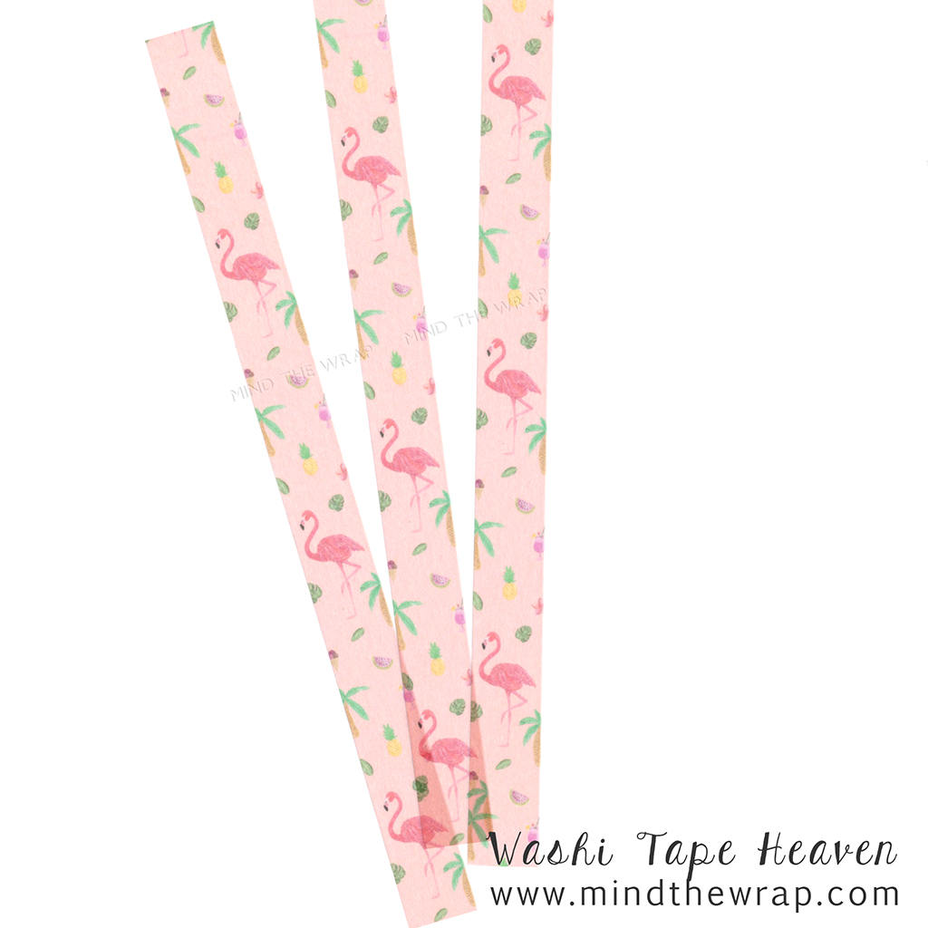 Pink Flamingo Washi Tape - 15mm x 7m - Tropical Theme Flamingos Palm Trees Pineapple  - Planners Decoration Summer Scrapbooking Supply