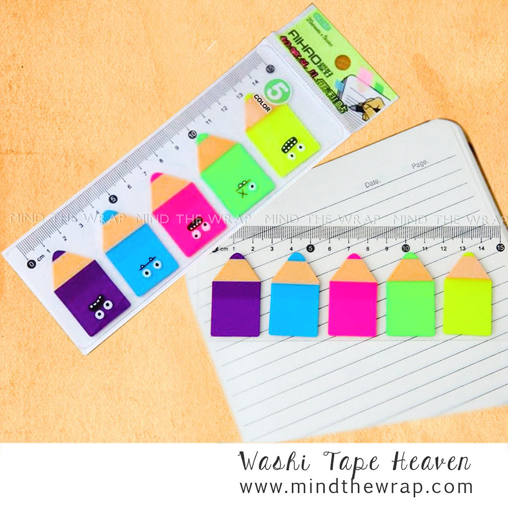 Colored Pencils Sticky Tabs and Clear Ruler - Neon Fluorescent Translucent - Bookmark Planners Decoration Page Marker Highlighter