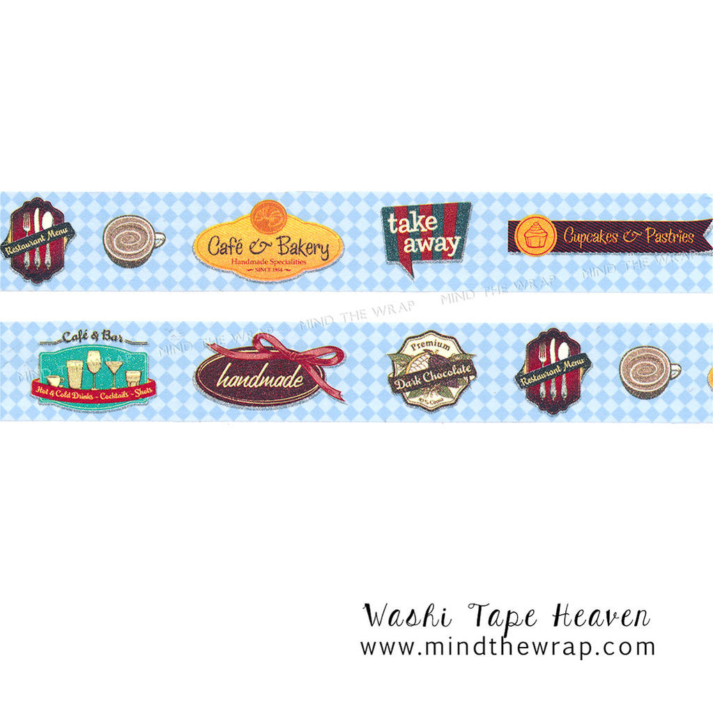Cafe & Bakery Signs and Labels Wide Washi Tape - 30mm x 10m - Handmade Cupcakes Menu Chocolate - Decoration Collage Scrapbooking