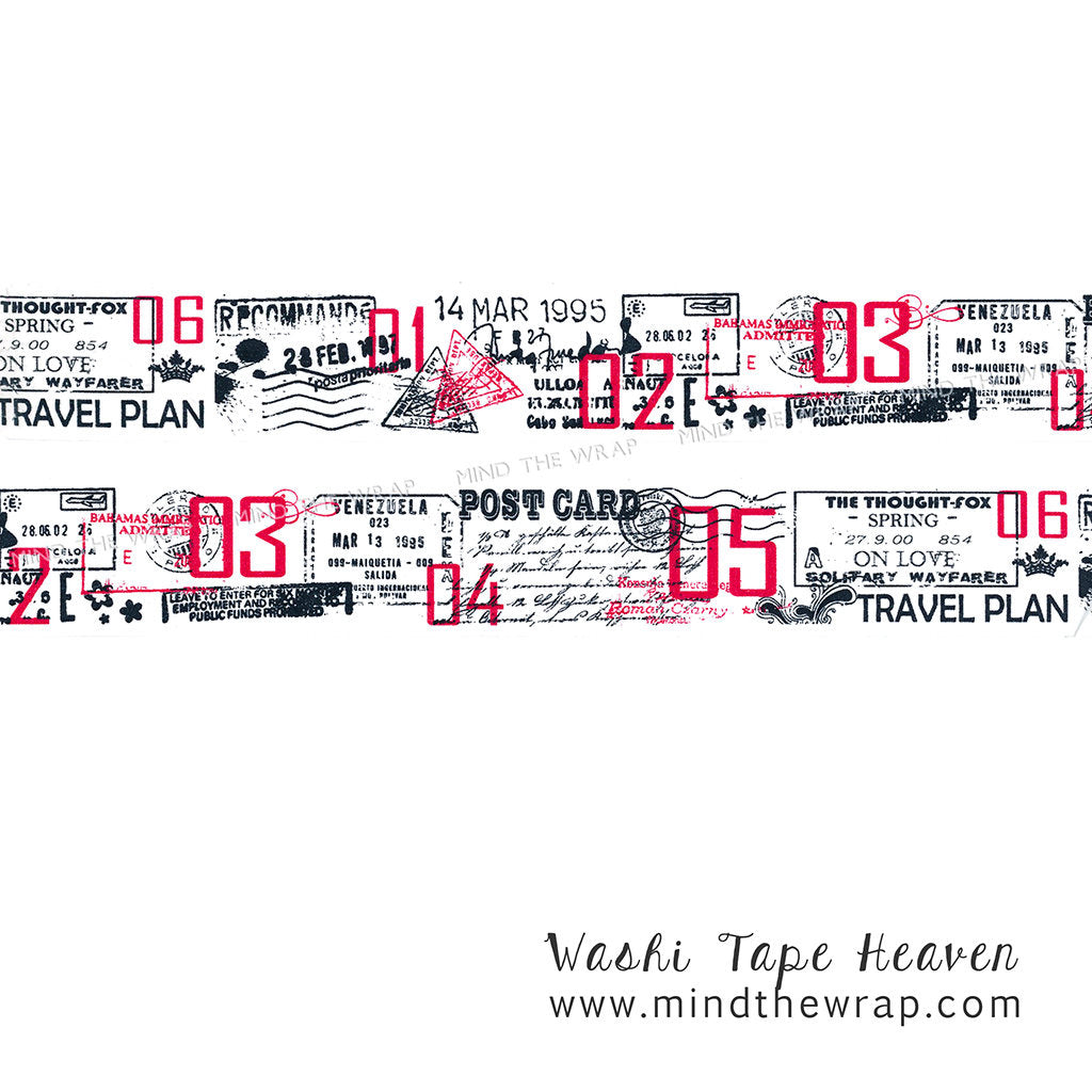 Travel Plans Collage Washi Tape - 30mm x 10m - International Travel Journal Stamps Post Card Tickets