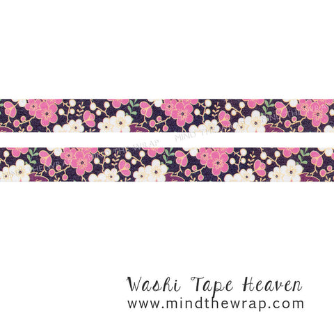 Plum Blossoms Washi Tape - 15mm x 7m - Symbolic Flower Black Background - Planners Decoration Card-making Scrapbooking Supply