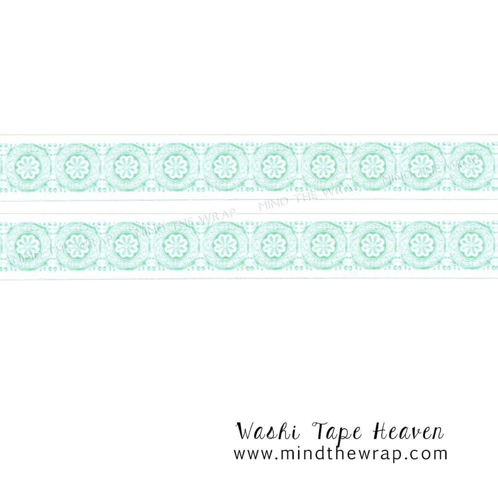 Mint "Medallion Lace" Washi Tape - 15mm x 10m - Floral Doily Circle Motif - Scrapbooking Planners Decoration Card making Supply Gift wrap