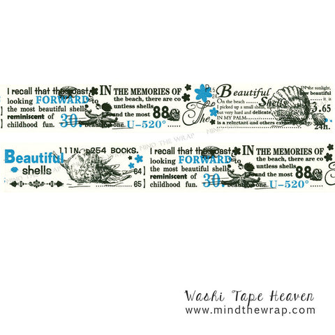 Seashells Collage Washi Tape - 30mm x 10m - Vintage Book Illustrations Text Typography Conch Shell Starfish