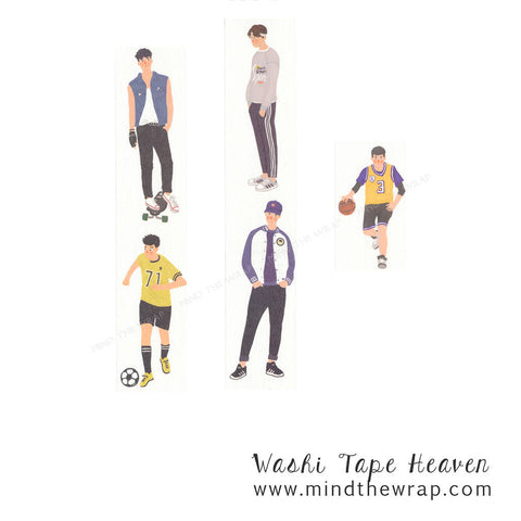 Boy Figures Washi Tape - Wide 30mm x 5m - Sports  Soccer Basketball Skateboard Baseball Track People - Collage Art Supply