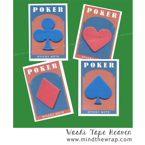 Set of 4 - Card Party Sticky Notes - Card Suits Hearts Clubs Diamonds Spades- Bridge Partner Memos Planners Decoration Book Tabs