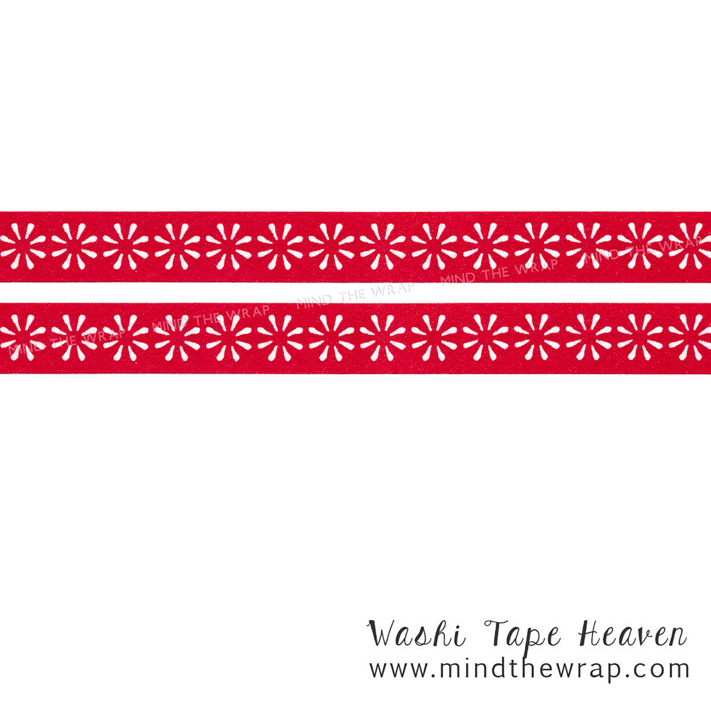 Daisy Border Washi Tape - 15mm x 10m -  Red Flower Motif - Scrapbooking Planners Decoration Card-making Gift wrap