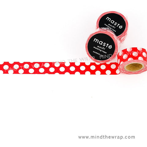 Masté Polka Dots Washi Tape - Classic Red and White Dot Pattern for All Seasons - 15mm x 7m